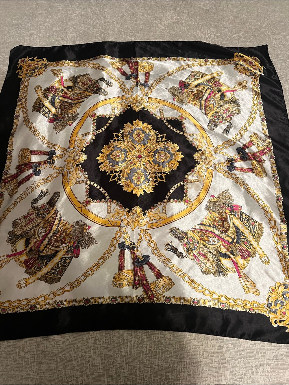 36” Scarf: Silk-Feel Baroque Print Scarf in Black, Gold & Cream